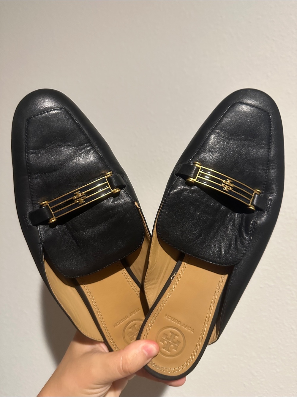 Tory Burch Black Leather Slip-On Loafers with Gold Accent
